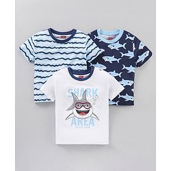 Babyhug Cotton Jersey Knit Half Sleeves Striped T-Shirt Shark Print Pack of 3 - Multicolor