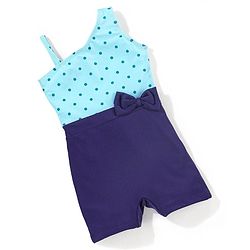 Babyhug Sleeveless Legged Swimsuit With Bow Applique Polka Dot Print- Navy Blue