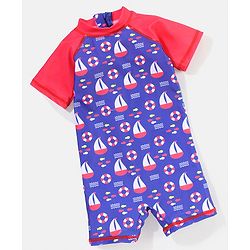 Babyhug Half Sleeves Legged Swim Suit Boat Print - Blue & Red
