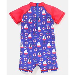 Babyhug Half Sleeves Legged Swim Suit Boat Print - Blue & Red