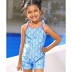 Babyhug Sleeveless Legged Swimsuit With Bow Applique Sea Horse Print- Blue