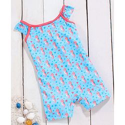 Babyhug Sleeveless Legged Swimsuit With Bow Applique Sea Horse Print- Blue