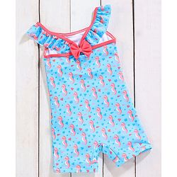 Babyhug Sleeveless Legged Swimsuit With Bow Applique Sea Horse Print- Blue