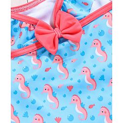 Babyhug Sleeveless Legged Swimsuit With Bow Applique Sea Horse Print- Blue
