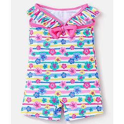 Babyhug Sleeveless Legged Swimsuit Floral Print - Blue & Pink