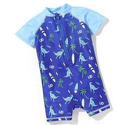 Babyhug Half Sleeves Legged Swimsuit Dino Print - Blue