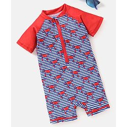 Babyhug Half Sleeves Legged Swimsuit Crabs Print - Blue & Red