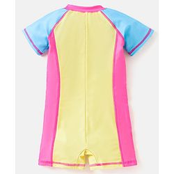 Babyhug Half Sleeves Legged Swimsuit Parrot Print - Pink & Yellow