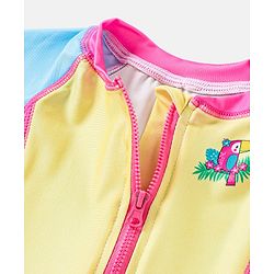Babyhug Half Sleeves Legged Swimsuit Parrot Print - Pink & Yellow
