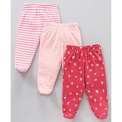 Babyhug 100% Cotton Full Length Bootie Legging Striped & Polka Dot Print Pack Of 3 - Red Pink