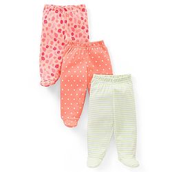 Babyhug 100% Cotton Knit Bootie Leggings Striped & Leaves Print Pack of 3 - Peach Pink & Green