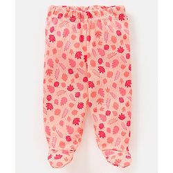 Babyhug 100% Cotton Knit Bootie Leggings Striped & Leaves Print Pack of 3 - Peach Pink & Green