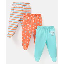 Babyhug Cotton Footed Bootie Leggings Striped & Stars Printed Pack of 3 - Orange & Blue