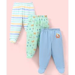 Babyhug Cotton Knit Footed Length Bootie Leggings Striped & Crabs Print Pack of 3 - Blue