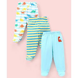 Babyhug Cotton Footed Bootie Leggings Striped & Dino Print Pack of 3 - Blue