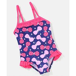 Babyhug Sleeveless V Cut Swimsuit Butterfly Print - Navy Blue & Pink