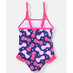 Babyhug Sleeveless V Cut Swimsuit Butterfly Print - Navy Blue & Pink
