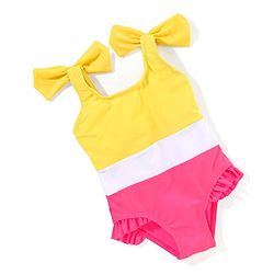 Babyhug Sleeveless V Cut Swimsuit Color Block Print- Yellow & Pink