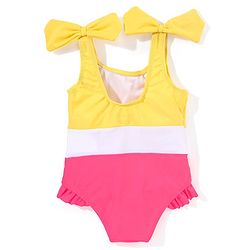 Babyhug Sleeveless V Cut Swimsuit Color Block Print- Yellow & Pink