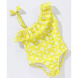 Babyhug Sleeveless V Cut Swimsuit Flower Print - Yellow