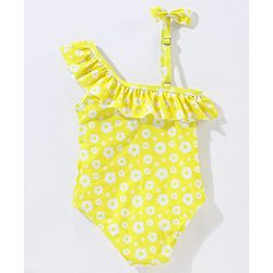 Babyhug Sleeveless V Cut Swimsuit Flower Print - Yellow