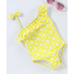 Babyhug Sleeveless V Cut Swimsuit Flower Print - Yellow