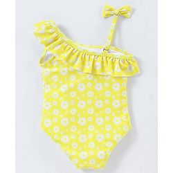 Babyhug Sleeveless V Cut Swimsuit Flower Print - Yellow