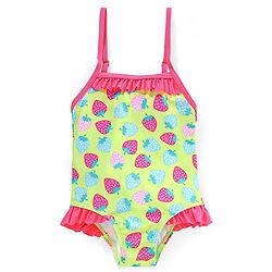 Babyhug Sleeveless V Cut Swimsuit Strawberry Print- Green & Pink