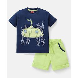 Babyhug 100% Cotton Knit Half Sleeves T-Shirt & Shorts Submarine Print - Navy Blue & Light Green