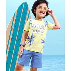 Babyhug Cotton Knit Half Sleeves T-Shirt & Short Set Beach Print - Green & Blue