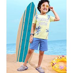 Babyhug Cotton Knit Half Sleeves T-Shirt & Short Set Beach Print - Green & Blue