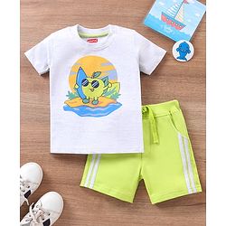 Babyhug Cotton Half Sleeves T-Shirt & Shorts Set Stripes & Apple Print- Ecru Melange Green