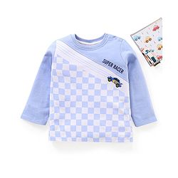 Babyhug Cotton Full Sleeves Looper Fabric Checks & Car Print T-Shirt - Blue
