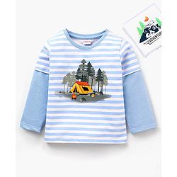 Babyhug Cotton Knit Full Sleeves Striped Winter Wear T-Shirt - White Blue