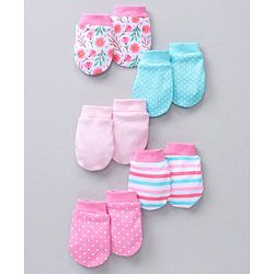 Babyhug 100% Cotton Mittens Striped & Floral Print Pack Of 5 - Multicolor