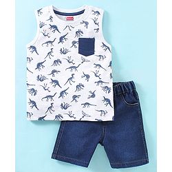 Babyhug Cotton Knit Sleeveless T-Shirt & Denim Shorts Dino Print - Ecru Melange & Blue