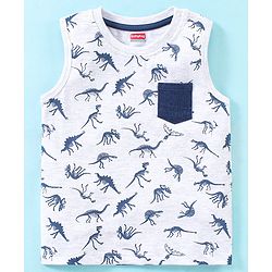 Babyhug Cotton Knit Sleeveless T-Shirt & Denim Shorts Dino Print - Ecru Melange & Blue