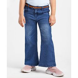 Babyhug Cotton Washed Denim Solid Full Length Jeans With Belt- Blue