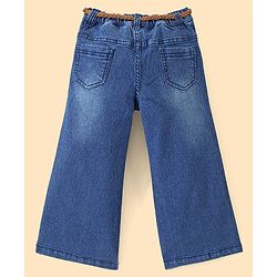 Babyhug Cotton Washed Denim Solid Full Length Jeans With Belt- Blue