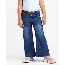 Babyhug Cotton Washed Denim Solid Full Length Jeans With Belt- Blue