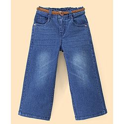 Babyhug Cotton Washed Denim Solid Full Length Jeans With Belt- Blue