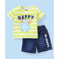 Babyhug 100% Cotton Woven Half Sleeves T-Shirt & Denim Shorts Set Stripes & Monster Print - Green & Blue