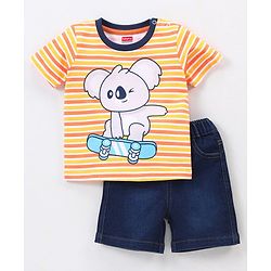 Babyhug Cotton Knit Half Sleeves Striped T-Shirt & Denim Shorts Set Skating Koala Print - Orange Yellow & Blue