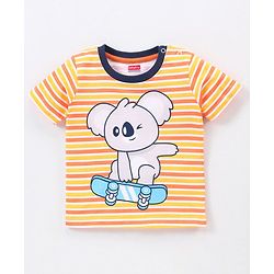 Babyhug Cotton Knit Half Sleeves Striped T-Shirt & Denim Shorts Set Skating Koala Print - Orange Yellow & Blue
