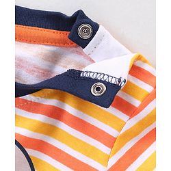 Babyhug Cotton Knit Half Sleeves Striped T-Shirt & Denim Shorts Set Skating Koala Print - Orange Yellow & Blue