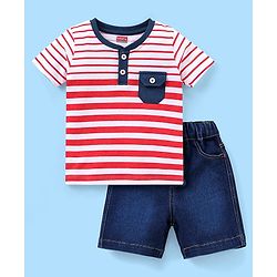 Babyhug Cotton Half Sleeves T-Shirt and Knee Length Shorts Striped - Red & Blue