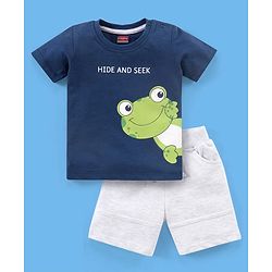 Babyhug Cotton Half Sleeves T-Shirt & Shorts Frog Print - Navy & White