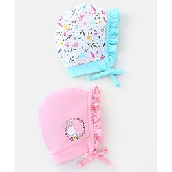 Babyhug 100% Cotton Caps Pack of 2 Floral & Bunny Print Multicolor - Diameter 12 cm