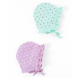 Babyhug 100% Cotton Cap Heart Print Pack of 2 Blue Purple - Diameter 12 cm