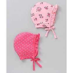 Babyhug 100% Cotton Cap Multi Print Pack of 2 Pink Red - Diameter 12 cm